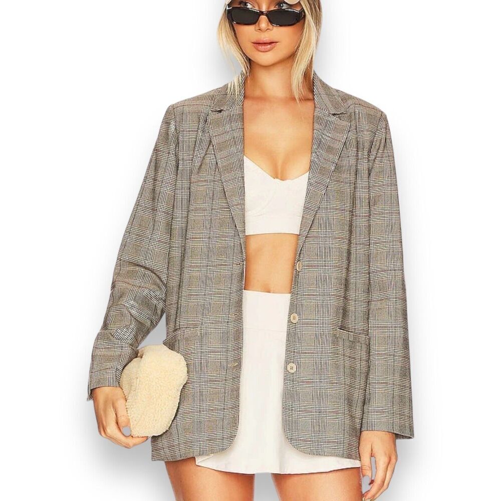 Lspace X Tessa Brooks Blazer WMNS L Grey Plaid Nadia Academia Ivy Preppy Relaxed